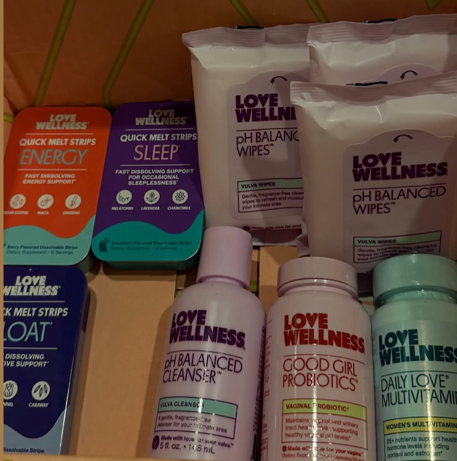 Shelf of Love Wellness products including Quick Melt Strips in Energy, Sleep, and Bloat flavors, pH Balanced Wipes, pH Balanced Cleanser, Good Girl Probiotics, and Daily Love Multivitamin.