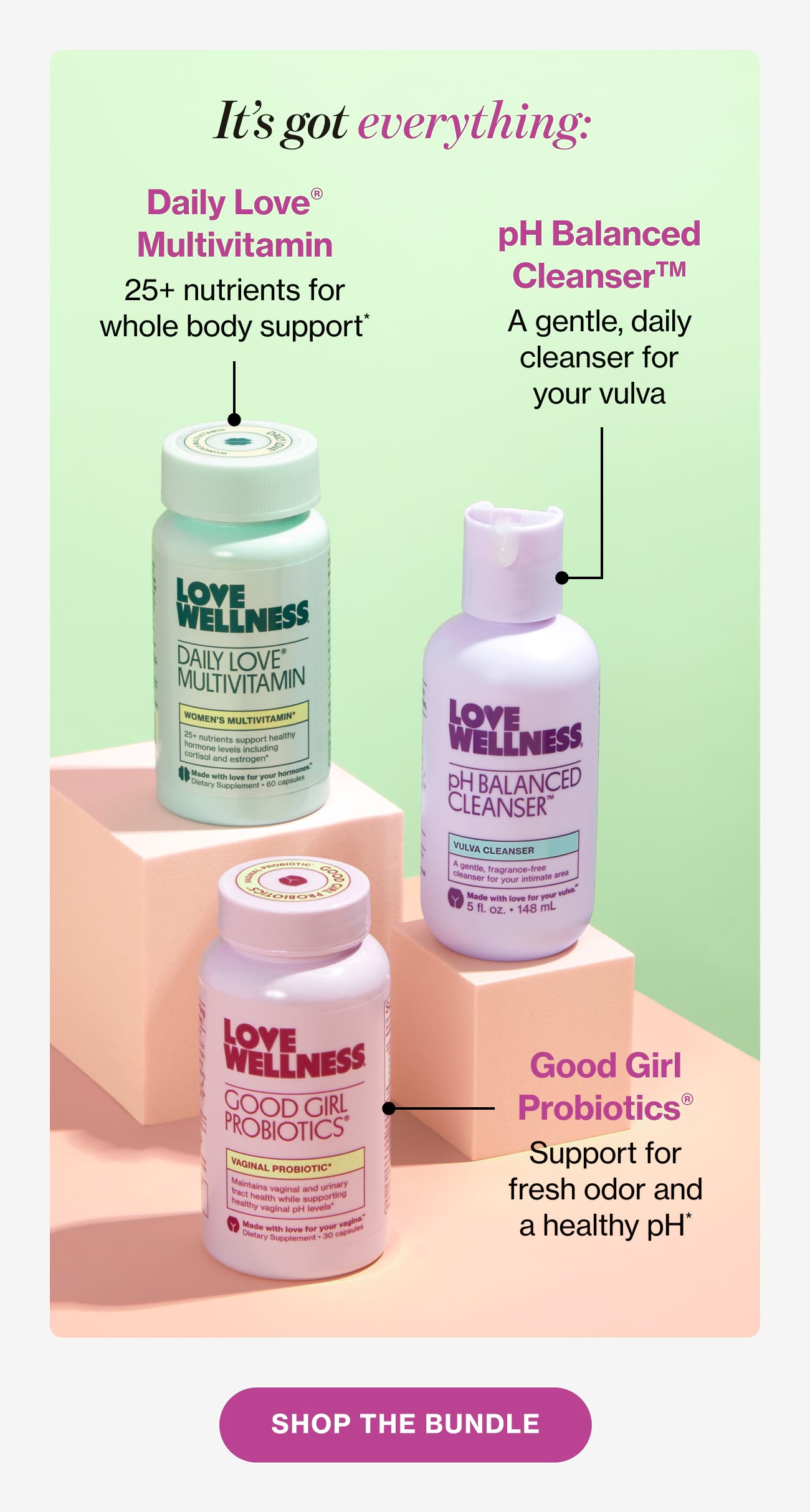 It's got everything: Daily Love® Multivitamin 25+ nutrients for whole body support. pH Balanced Cleanser™ A gentle, daily cleanser for your vulva. Good Girl Probiotics® Support for fresh odor and a healthy pH*. SHOP THE BUNDLE