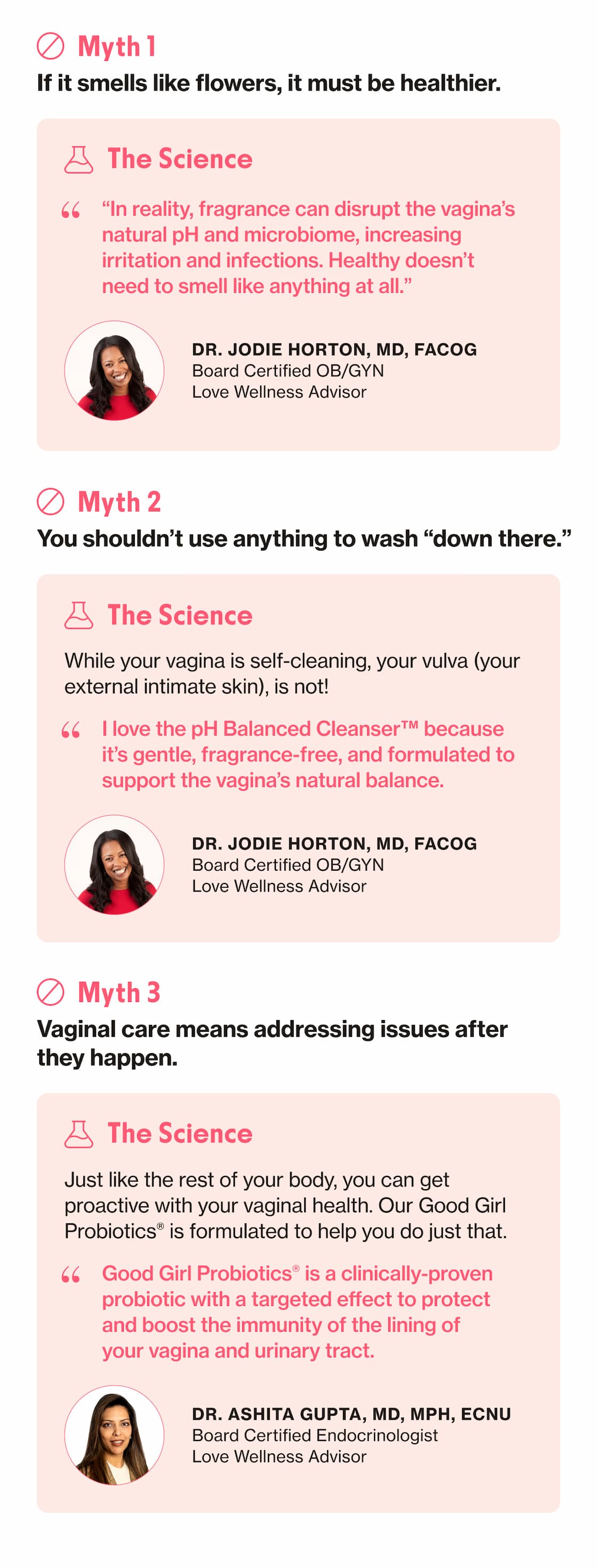 Myth 1 | If it smells like flowers, it must be healthier. | Myth 2 | You shouldn't use anything to wash "down there." | Myth 3 Vaginal care means addressing issues after they happen. 