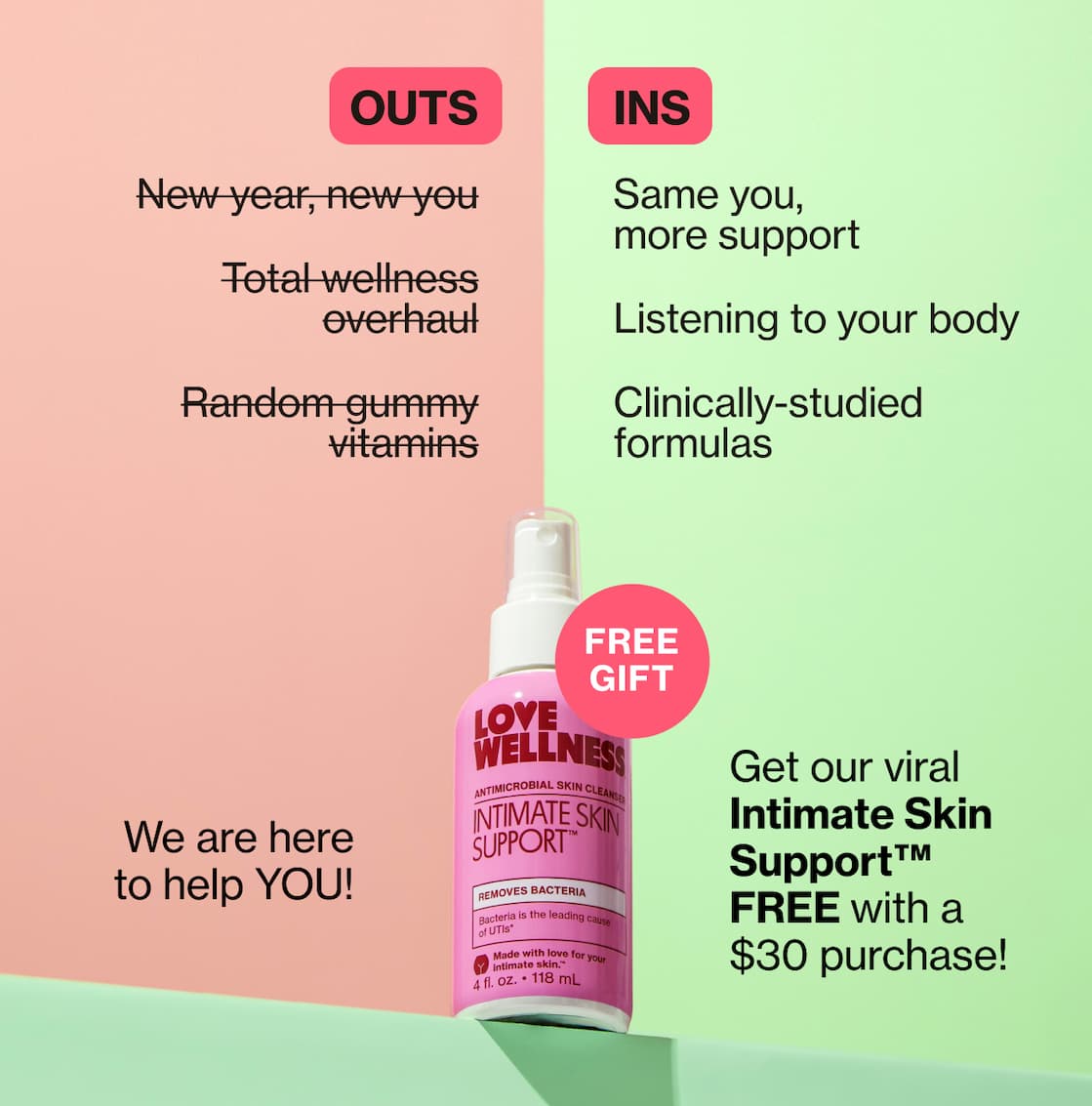 OUTS - New year, new you | Total wellness overhaul | Random gummy vitamins | INS - Same you, more support | Listening to your body | Clinically-studied formulas | FREE GIFT | We are here to help YOU! | Get our viral Intimate Skin Support FREE with a $30 purchase!