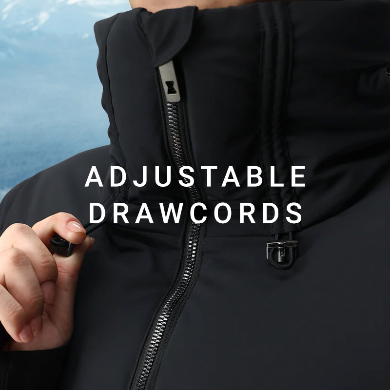 Close-up of woman's hand pull cords on black down jacket. Message: Adjustable Drawcords.