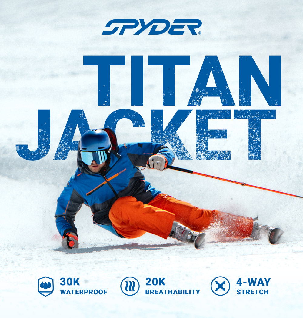 A skier performs a dynamic turn on snow, showcasing the Spyder Titan jacket, highlighting its waterproof and breathable features. Spyder logo. Message: Titan Jacket. 30K Waterproof, 20K Breathability, 4-Way Stretch