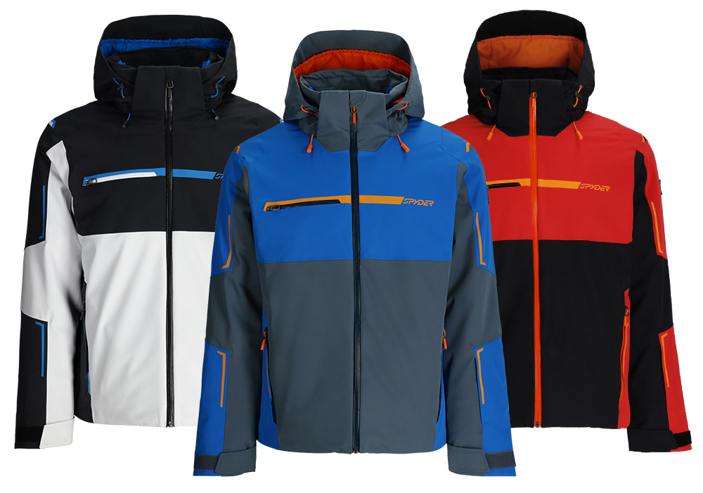 Three stylish ski jackets in black, blue, and red, featuring bold color blocks and zippered pockets, designed for skiing.