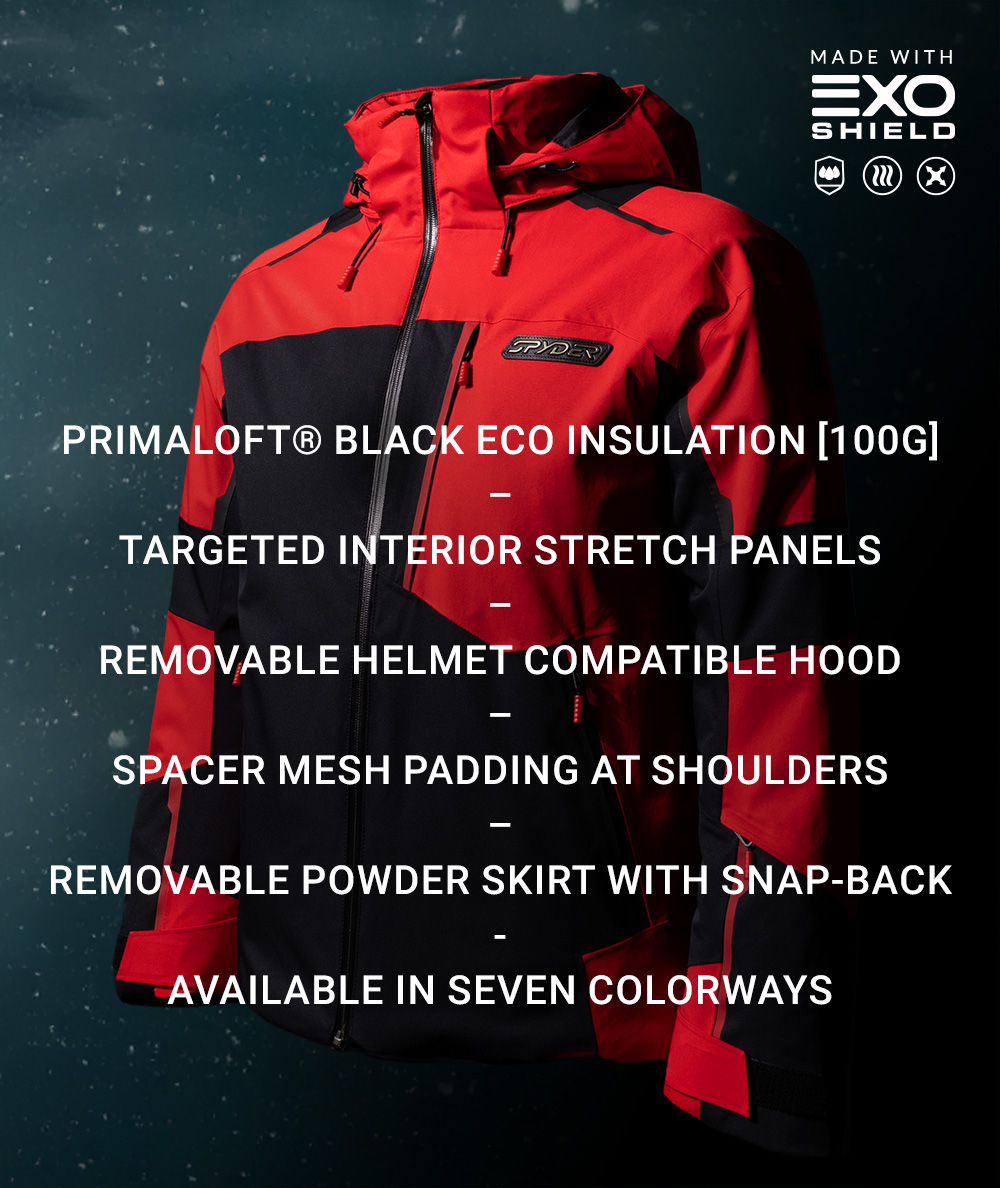 A red and black Spyder jacket with a list of technical features against a snowy background. Message: Primaloft® Black ECO Insulation [100G], Targeted Interior Stretch Panels, Removable Helmet Compatible Hood, Spacer Mesh Padding at Shoulders, Removable Powder Skirt