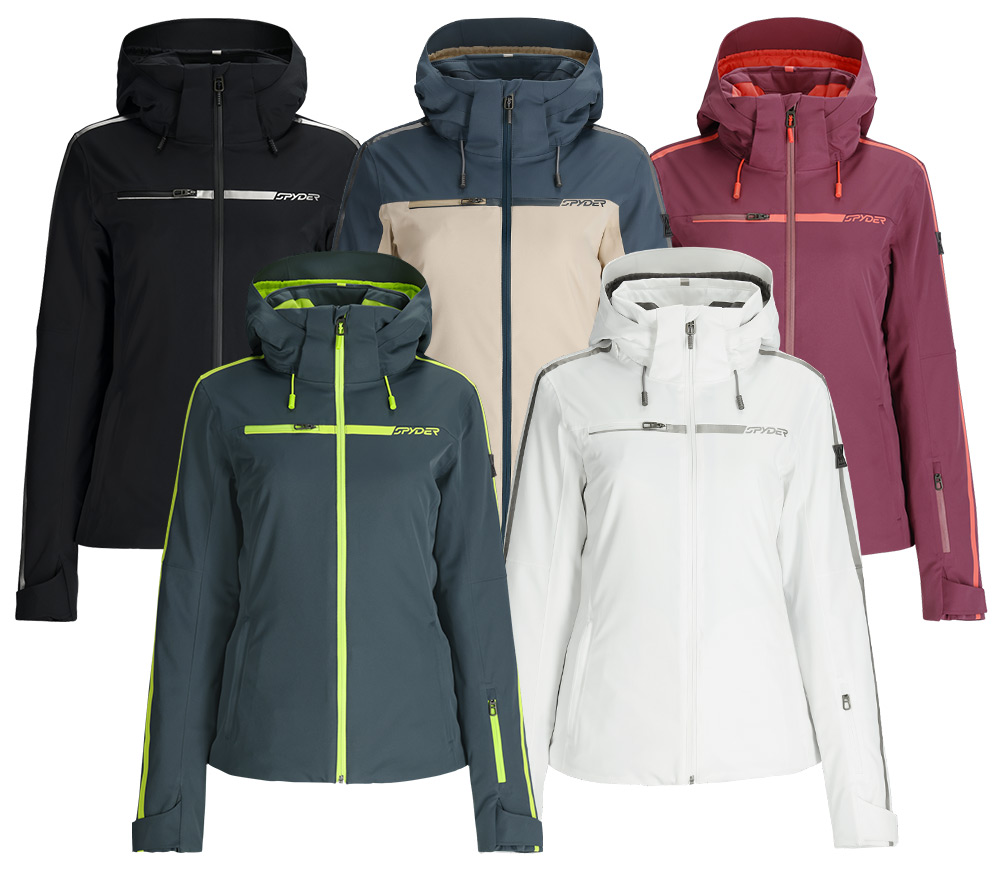 A display of six stylish Spyder jackets in various colors: black, dark blue, beige, dark green with neon, white, and burgundy.