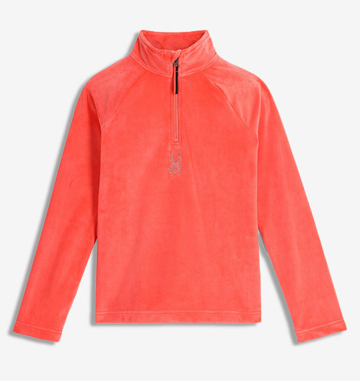 Studio flat lay photo of a girl's sweater in coral haze colorway with a shimmer bug Spyder logo