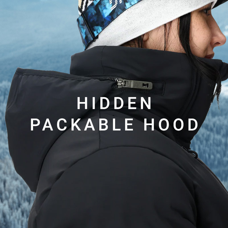 Side profile of a ski hood coming out of a zipper compartment. Message: Hidden Packable Hood.