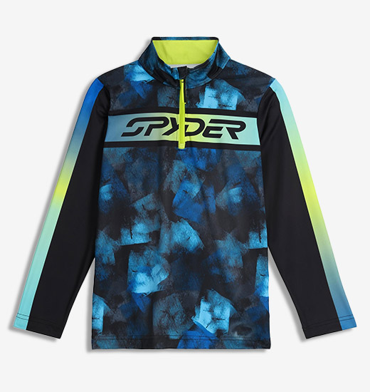 Studio flat lay photo of a boy's half zip layer in cobalt block camo with lime accents colorway with a Spyder logo