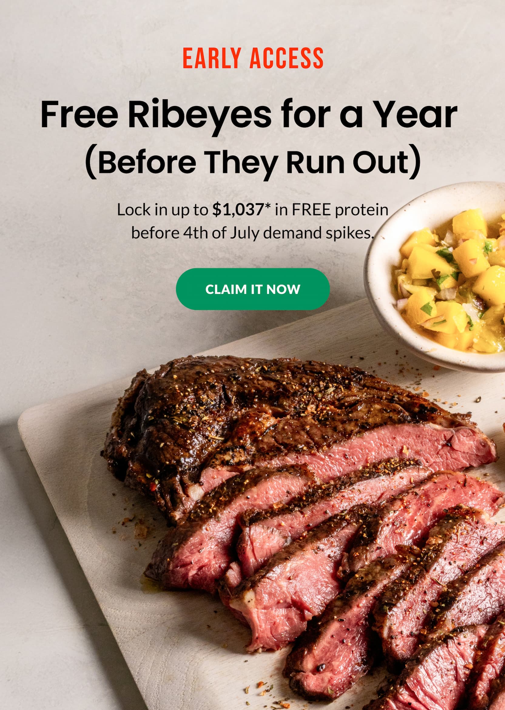 Choose between Thick Cut Ribeyes, Top Sirloins or Ground Beef + Bacon for a YEAR