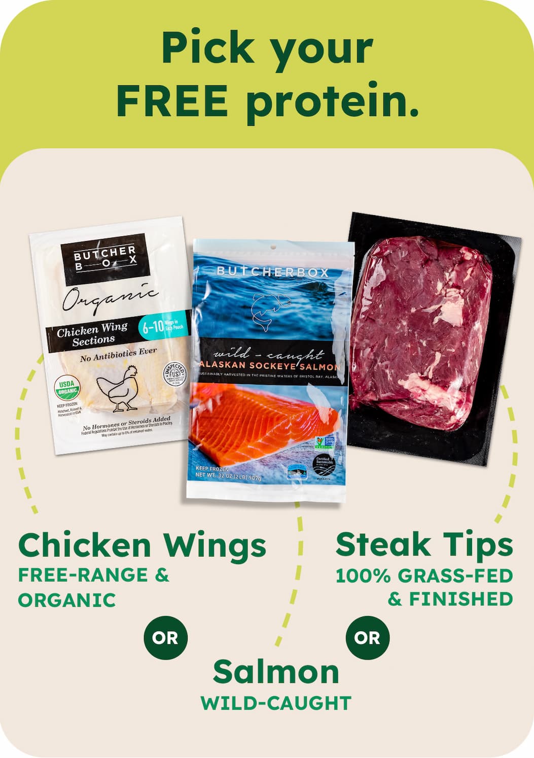 Pick your FREE protein | Chicken Wings, Steak Tips, or Salmon 