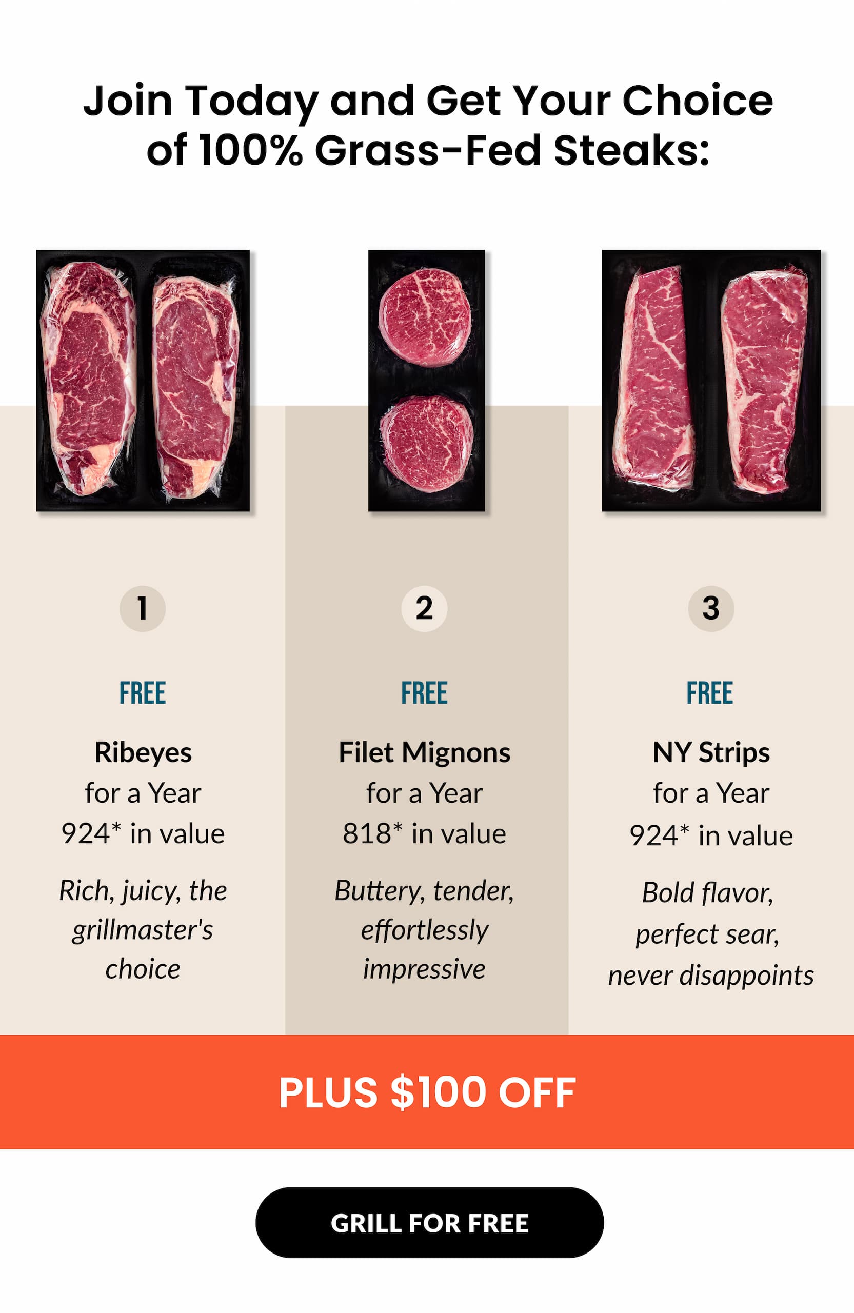 Join Today and Get Your Choice of 100% Grass-Fed Steaks | GRILL FOR FREE