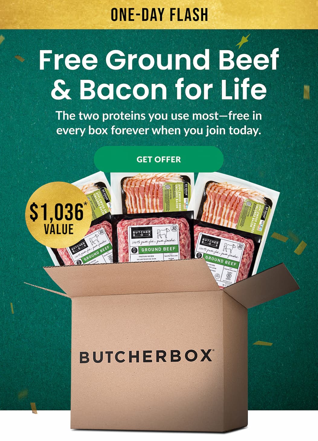 ONE DAY ONLY | FREE GROUND BEEF & BACON FOR LIFE | $1,036* Value | GET OFFER