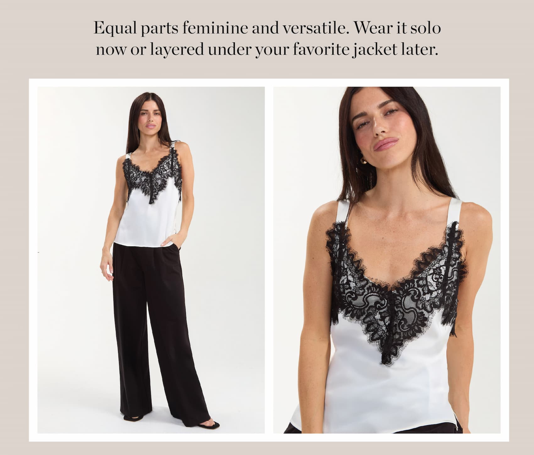 Equal feminine and versatile. Wear it solo now or layered under your favorite jacket later.