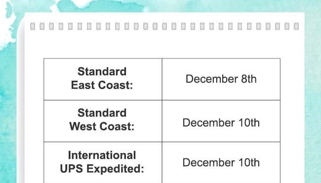 Standard East Coast: December 8th - Standard West Coast: December 10th - International UPS Expedited: December 10th