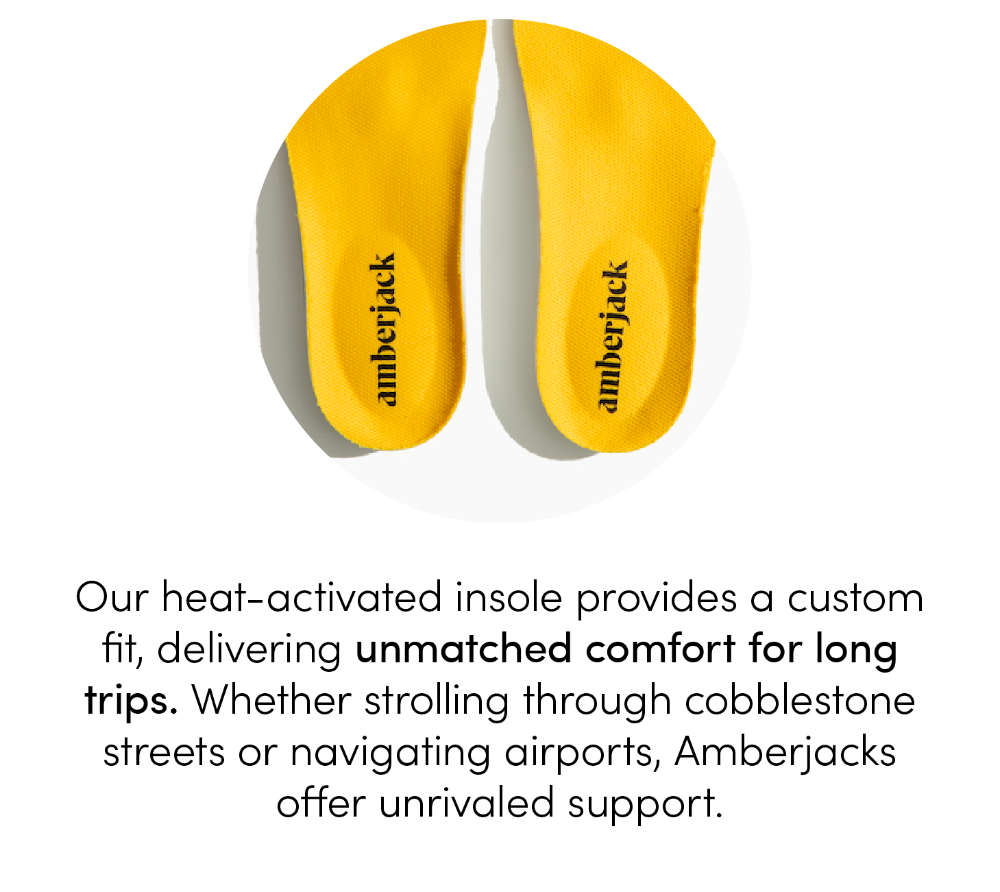 Our heat-activated insole provides a custom fit, delivering unmatched comfort for long trips. Whether strolling through cobblestone streets or navigating airports, Amberjacks offer unrivaled support.