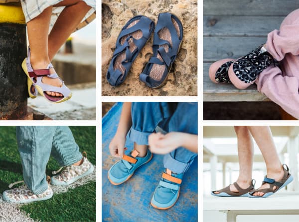 A collage of six photos showing Wildling barefoot shoes for children and toddlers in action