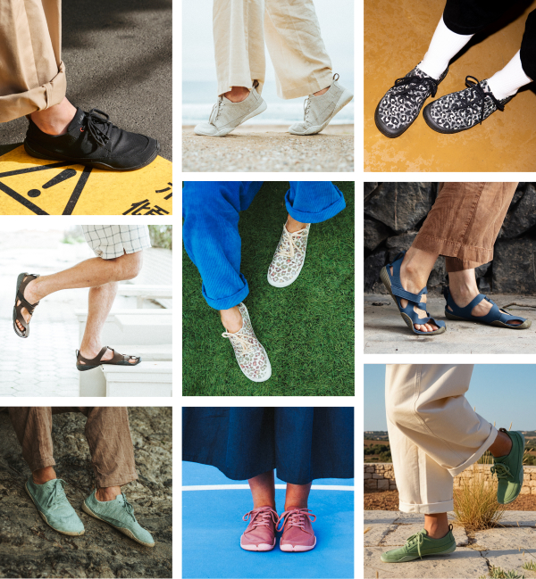 A square collage of nine individual photos showing various Wildling minimalist shoes for adults in everyday summer scenes. The images showcase a variety of styles: