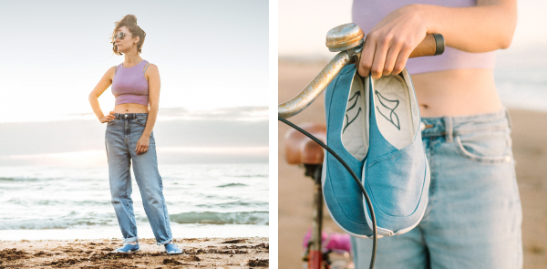 There are two pictures shown side by side. In the picture on the left, you can see a woman on the beach looking into the distance and wearing a Kami Mizu. The picture on the right shows a close-up of Kami Mizu.