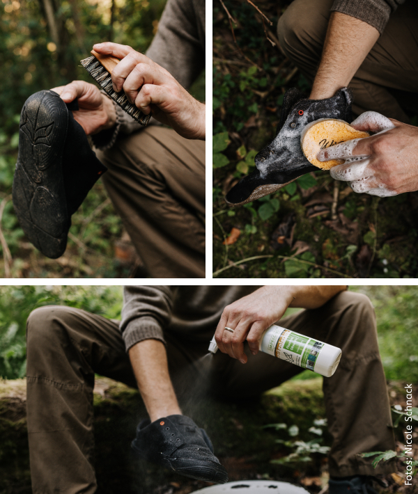 Mix of 3 pictures of a man in a forest cleaning black wildiling shoes. 