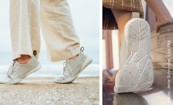 Lelin minimalist shoes on the feet: one shot from the side on the beach and one focusing on the outsole.