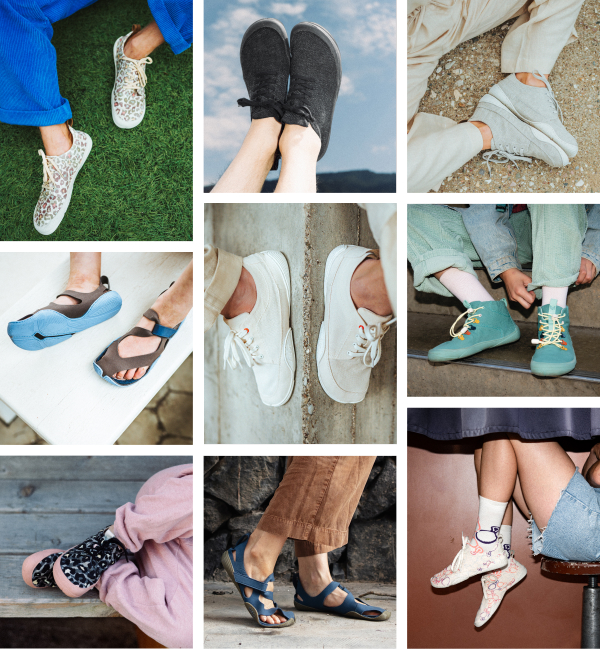 Mix of wildling shoes for Adults and Kids in a collage of 9 pictures