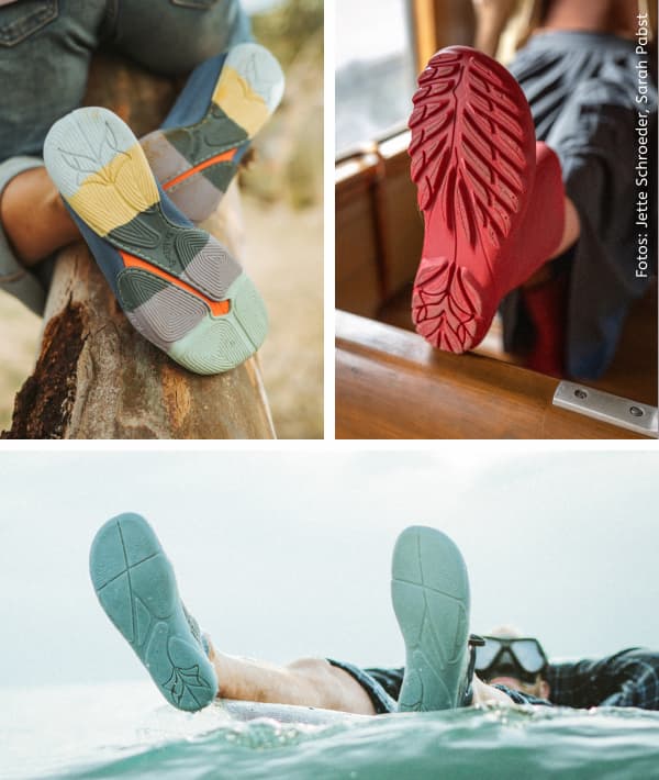 Three images: a child climbing a tree trunk with the Gap sole visible; a side view of a red rubber boot; and a man floating on the water, with a side view of a Shell sole.