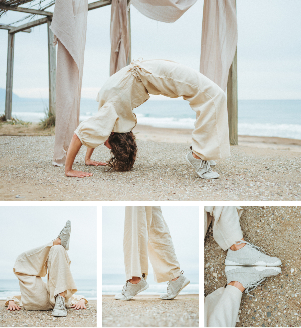 The photo collage consists of four images in total. The top image shows a person on the beach wearing the Lelin Sable model and doing the bridge. The three images below show the Lelin Sable in various close-ups.