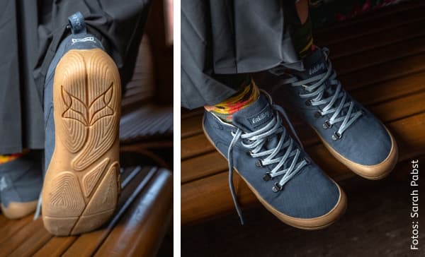 Dark blue Marti Wildling shoes with a raised brown sole edge (Shell Sole), shown from the side and from below.
