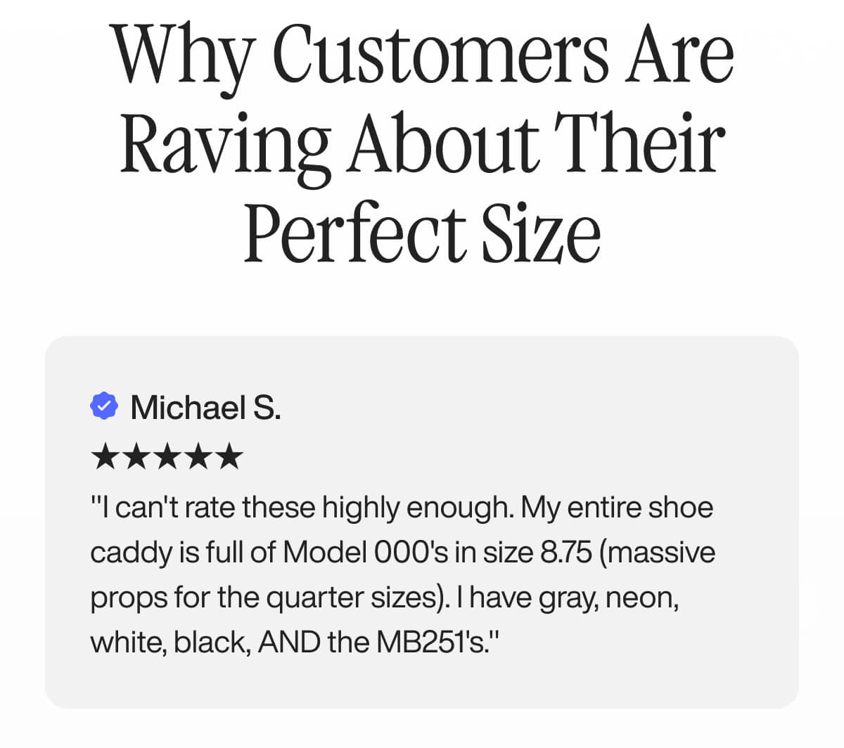 Header text reads 'Why Customers Are Raving About Their Perfect Size.' Below is a review by Michael S. with a five-star rating, praising shoe sizes.