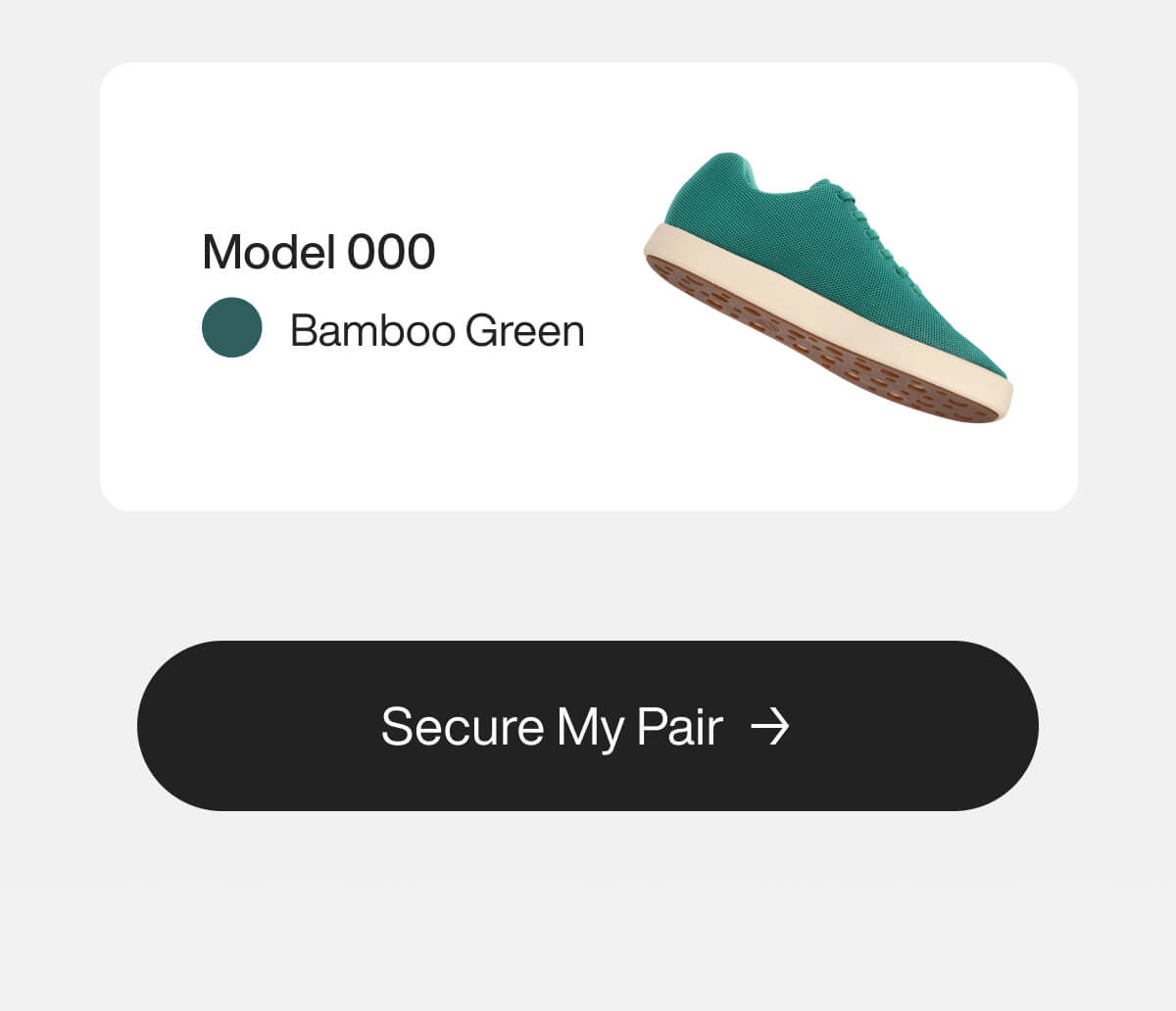 Sneaker in bamboo green, labeled "Model 000," with a secure my pair button below. The shoe has a white sole and a sleek, modern design.