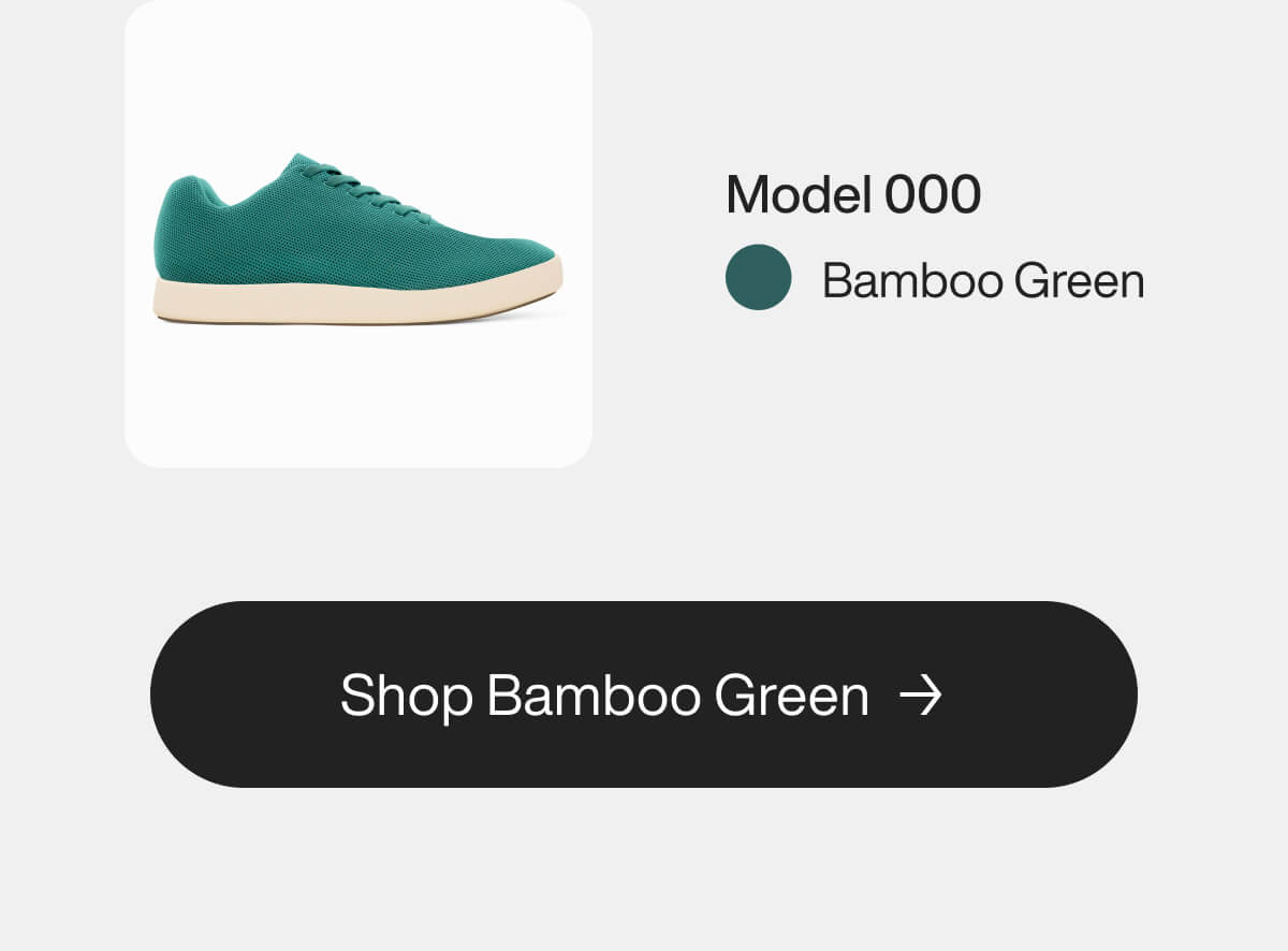 Bamboo Green Model 000 sneaker with a white sole. Text: "Shop Bamboo Green" on a black button with an arrow.