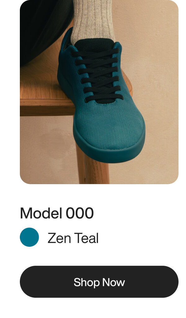 Close-up of a teal sneaker with black laces, worn with cream socks. Text reads "Model 000, Zen Teal." There's a "Shop Now" button below.