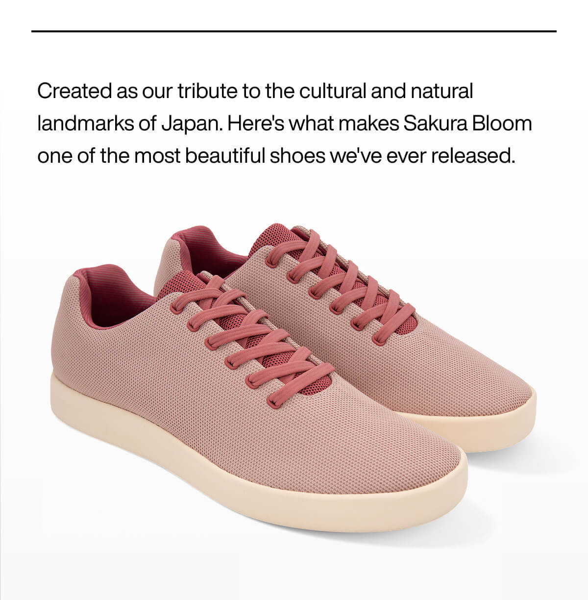 Pink sneakers with textured fabric, maroon accents, and cream soles against a white background. Text above celebrates Japanese cultural tribute.