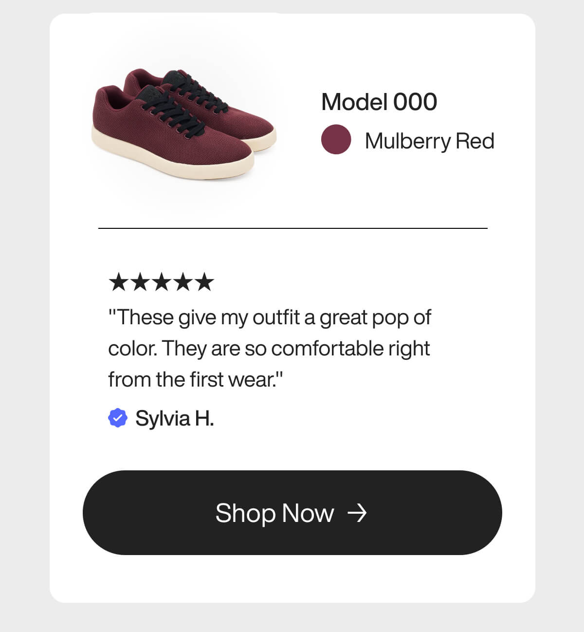 "Mulberry Red sneakers, Model 000, with a 5-star review praising comfort and style. "Shop Now" button included."
