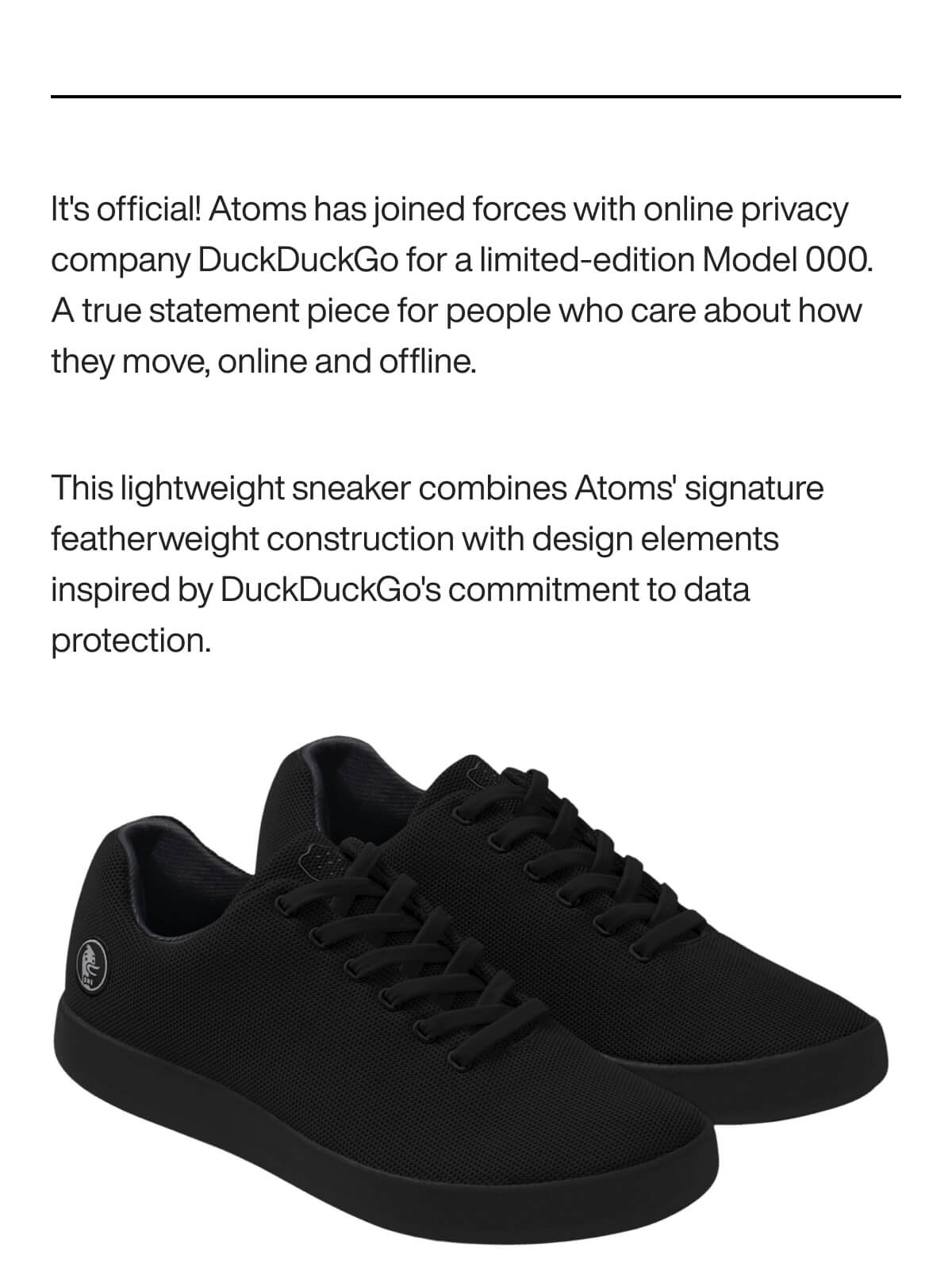 Limited-edition black sneakers by Atoms and DuckDuckGo, featuring a sleek design with emphasis on privacy and data protection themes.