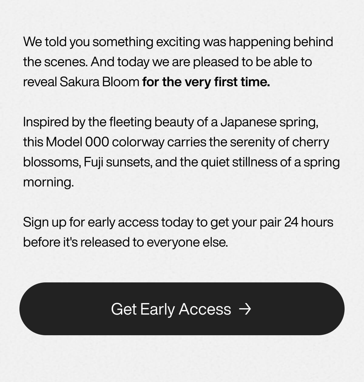 Announcement text on a light background introduces Sakura Bloom, inspired by cherry blossoms and sunsets, offering early access with a "Get Early Access" button.