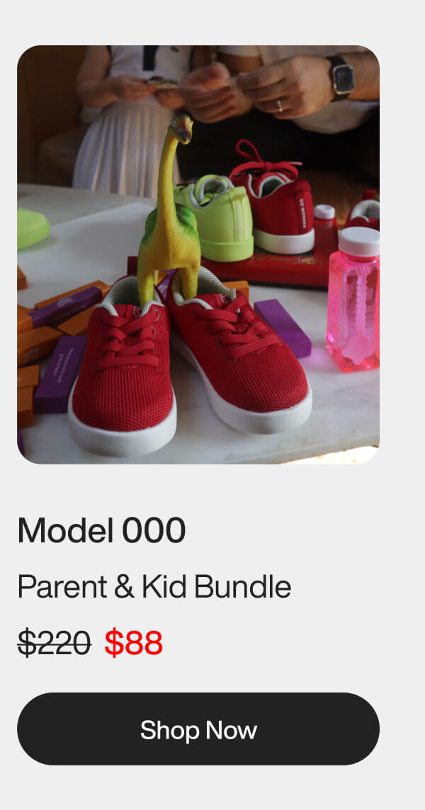 Red and green shoes on white table with toy dinosaur; people in background. Text: Model 000, Parent & Kid Bundle, Shop Now.