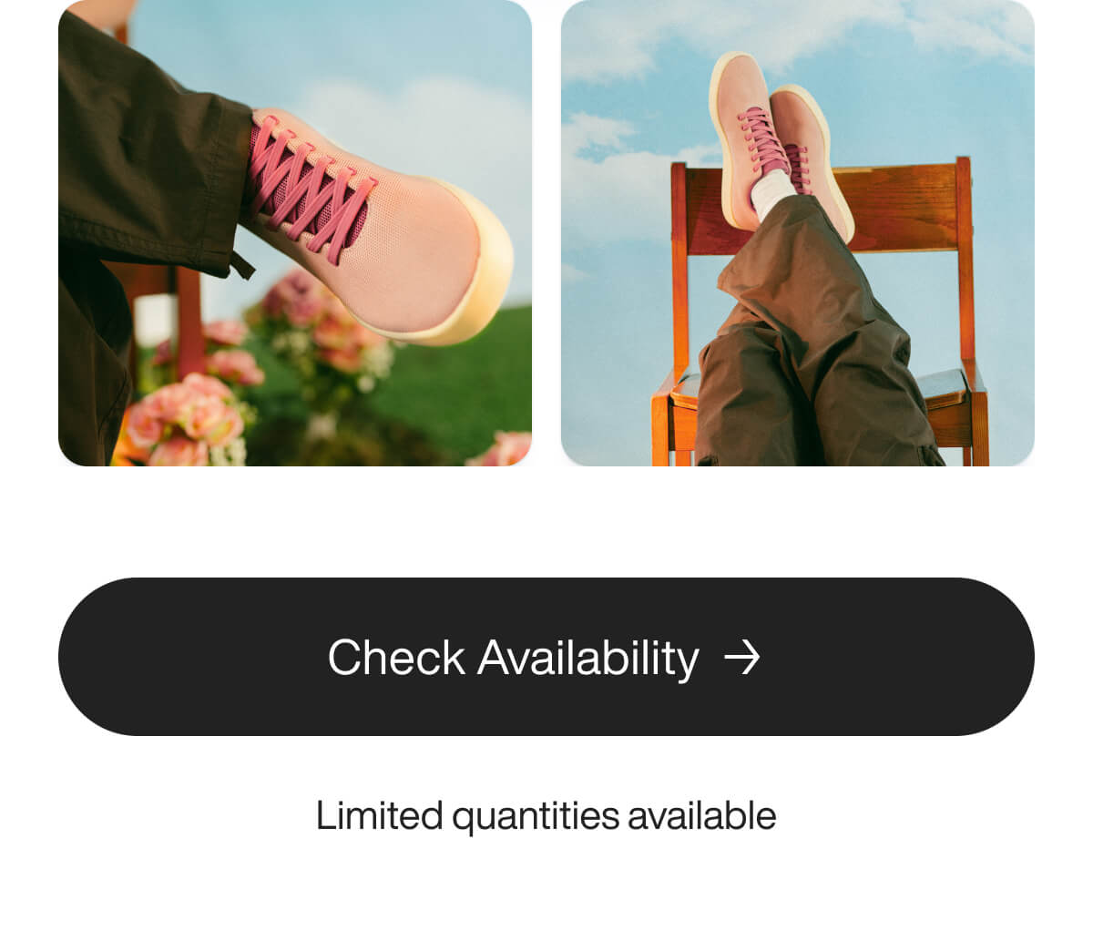 A person wearing pink sneakers and dark pants sits with legs crossed on a wooden chair. The background features flowers and a bright blue sky.