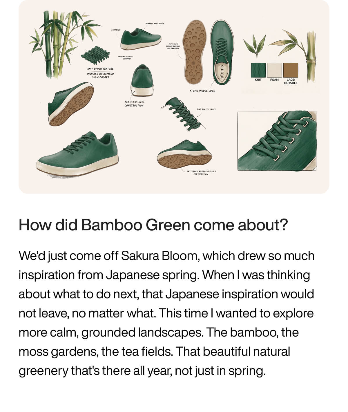 Bamboo Green sneaker design concept. Features include knit upper inspired by bamboo, seamless heel, rubber outsole, and nature-inspired color palette with shades of green and brown. Surrounded by bamboo illustrations. Text below discusses Japanese spring inspiration.