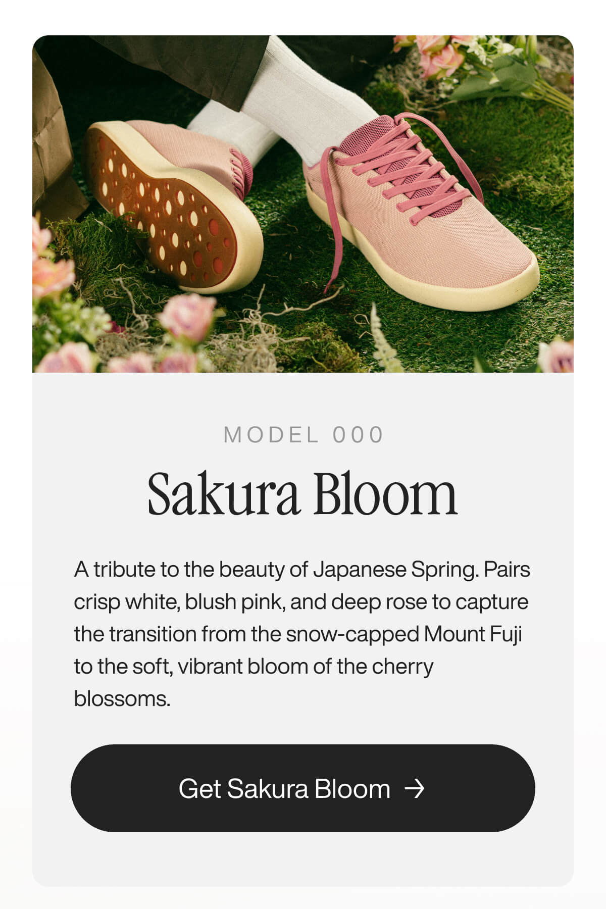 Pink sneakers on grass, surrounded by flowers. Text below reads: "Model 000 Sakura Bloom," evoking spring with pastel colors and floral imagery.