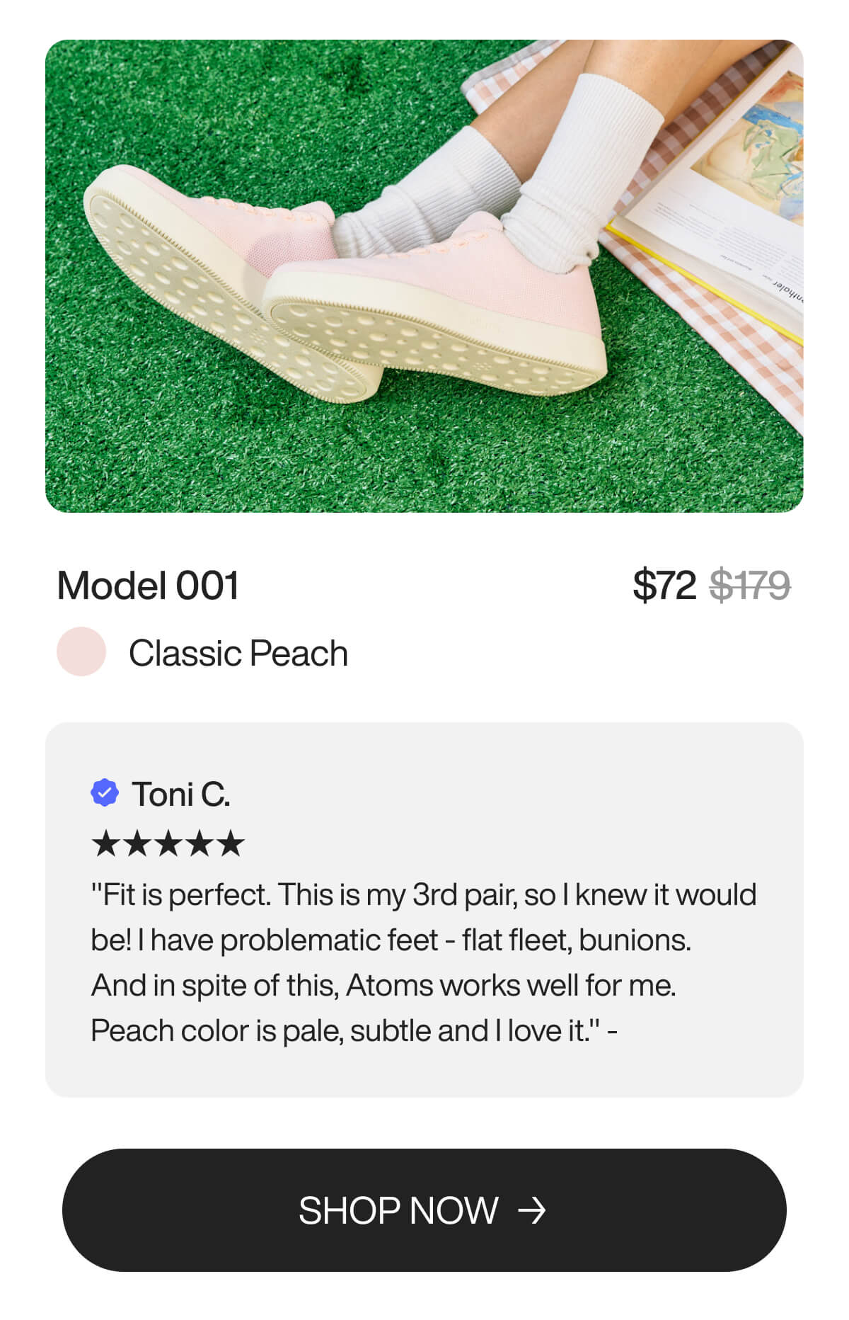 Pink sneakers on grass with white socks visible. "Model 001 Classic Peach" priced at $72, down from $179. Positive review by Toni C. praising fit and color.