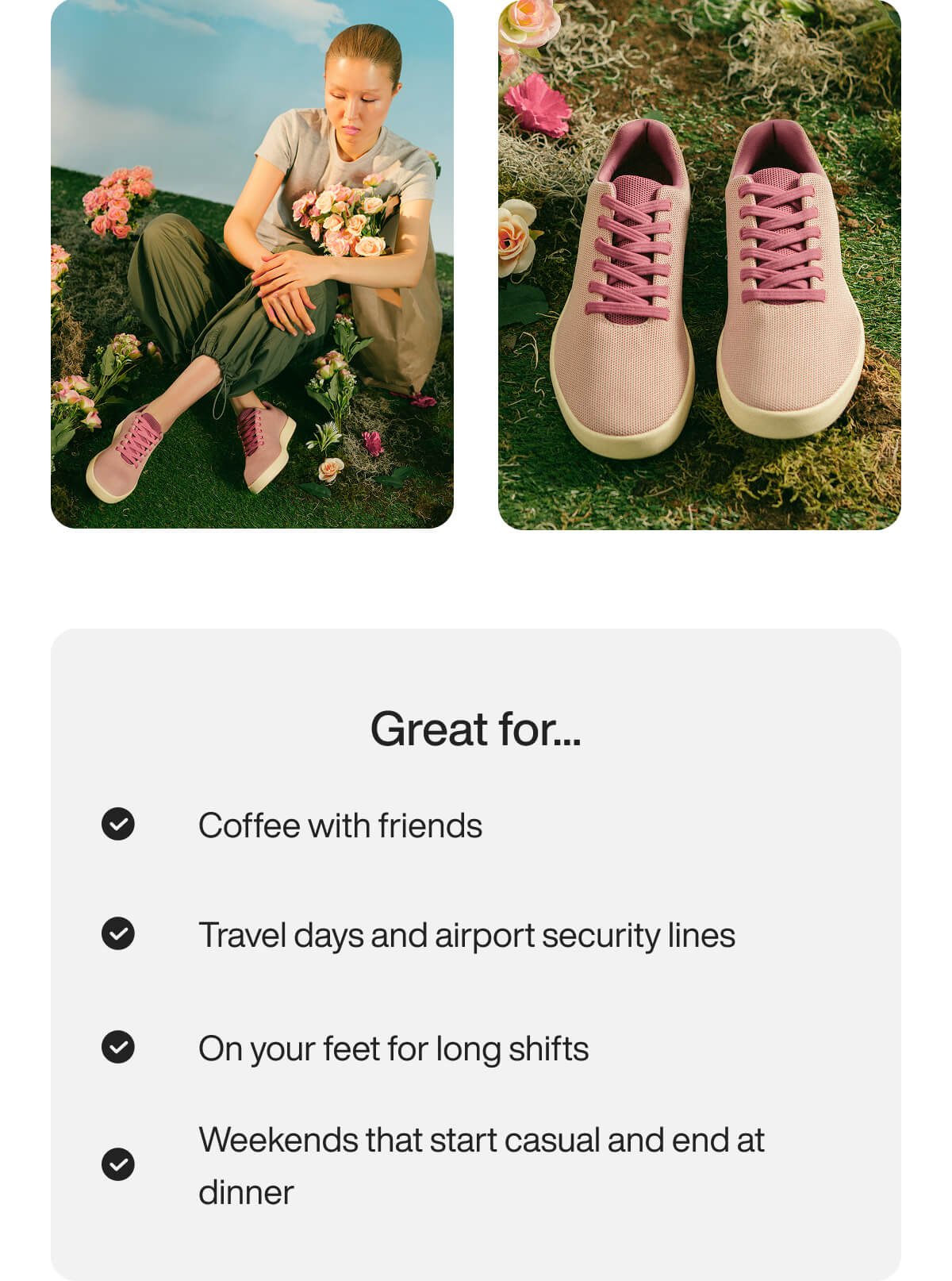 A person sitting outdoors on grass, holding flowers, wearing casual pink sneakers. Close-up of pink sneakers on mossy ground. Text below highlights the shoes are ideal for coffee with friends, travel, long shifts, and versatile weekends.