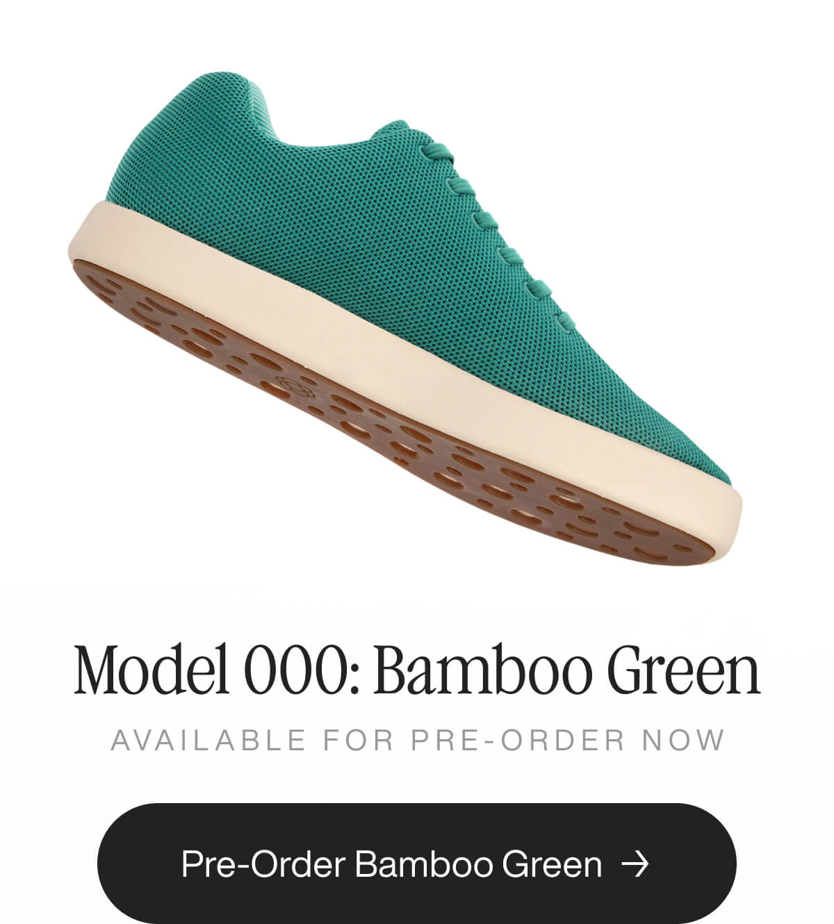 A sleek, turquoise-green sneaker with a white sole, shown against a white background. Text reads, "Model 000: Bamboo Green" with a pre-order button.