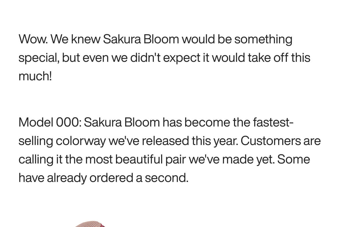 Promotional text about the success of the "Sakura Bloom" colorway for Model 000 shoes, described as the fastest-selling and most beautiful.