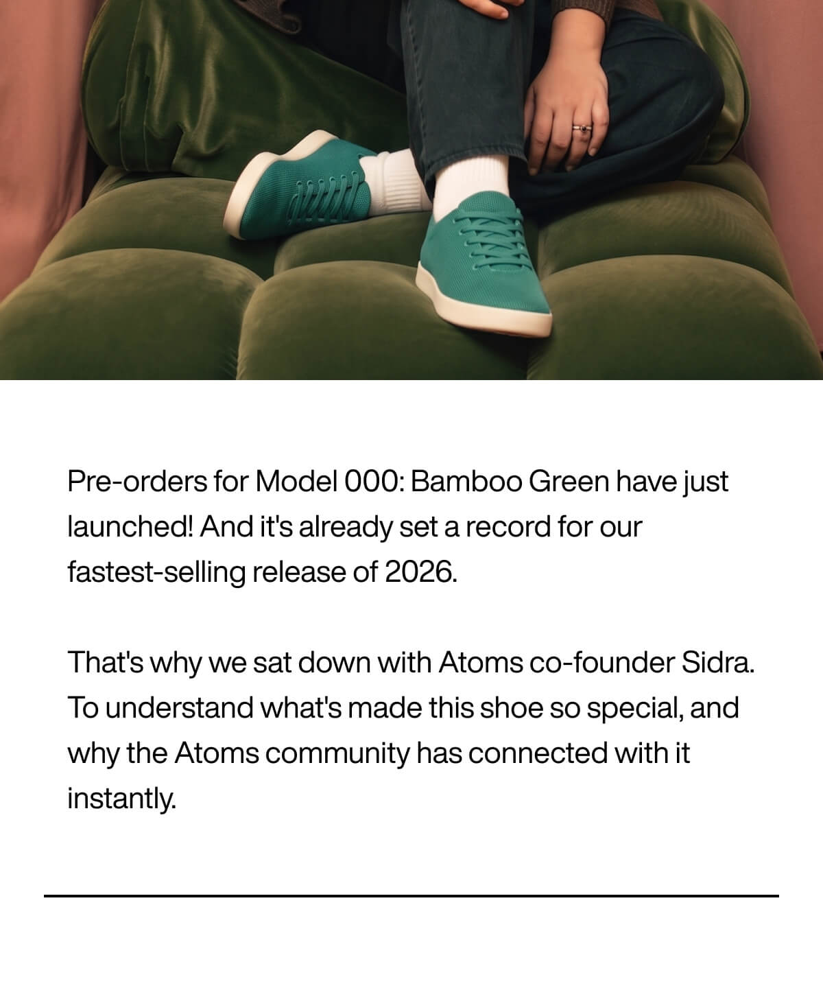 A person wearing bamboo green sneakers sits on a green velvet couch. The text announces pre-orders for the Model 000 shoe, a sales record in 2026.