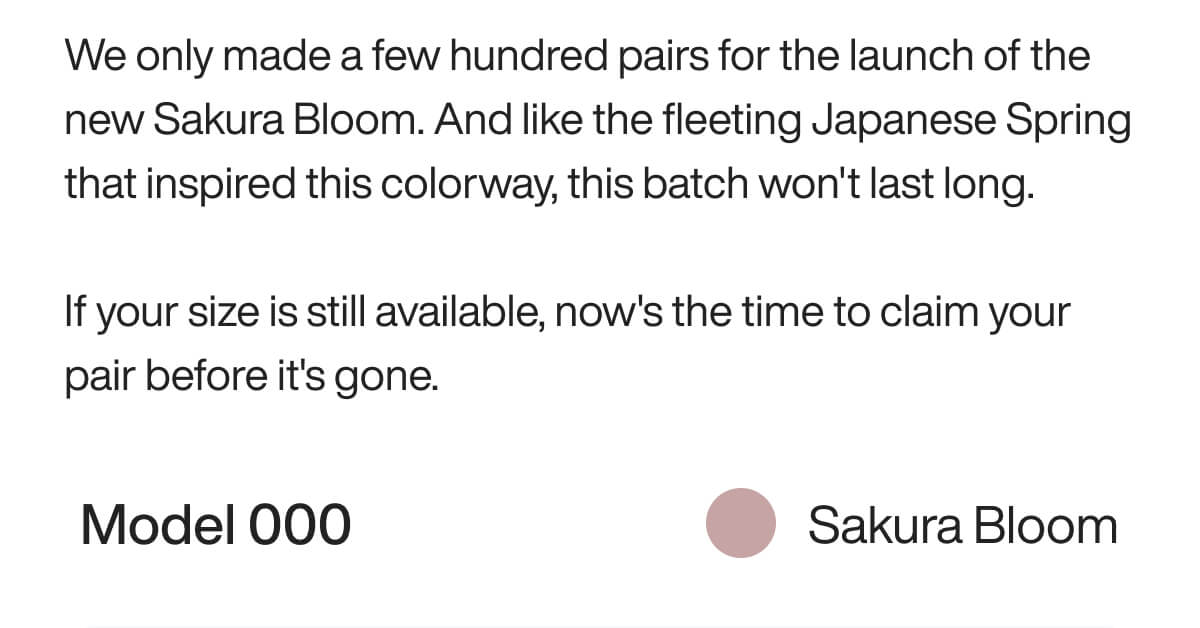 Text describing the limited edition launch of Model 000 shoes in "Sakura Bloom" color, inspired by Japanese spring. Urgent call to purchase.