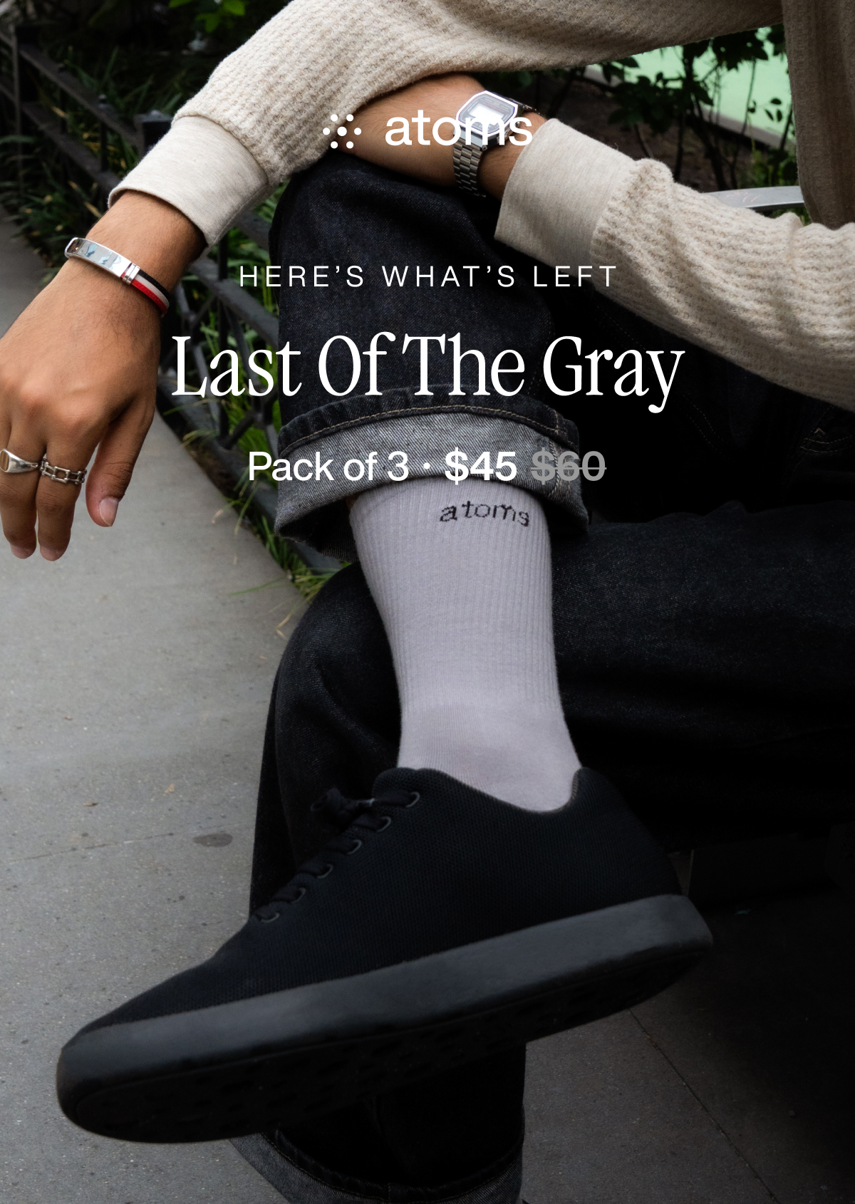 "Atoms Classic Crew Socks, in gray as a pack of 3, for $45. Save $15 on the base price of $60"