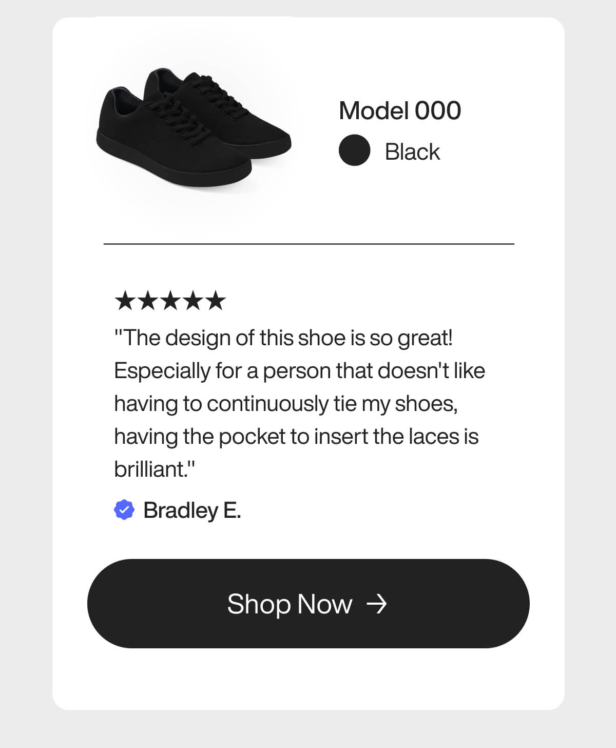 "Black sneakers, Model 000, with a 5-star review praising lace pocket design. "Shop Now" button included."