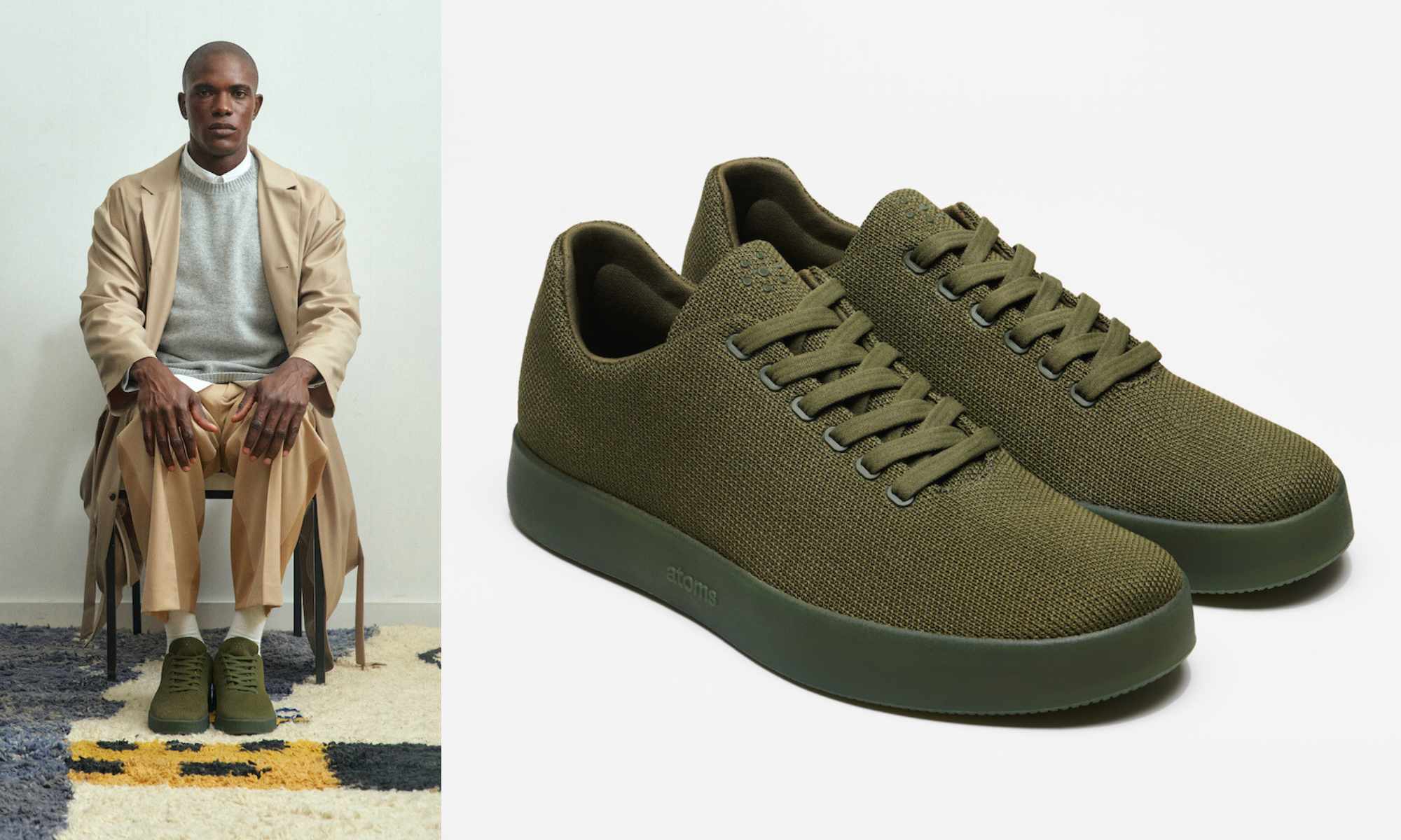 Model wearing Atoms Clove Green Model 001 Shoes