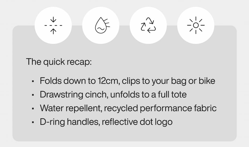 The quick recap: Folds down to 12cm, clips to your bag or bike Drawstring cinch, unfolds to a full tote Water repellent, recycled performance fabric D-ring handles, reflective dot logo